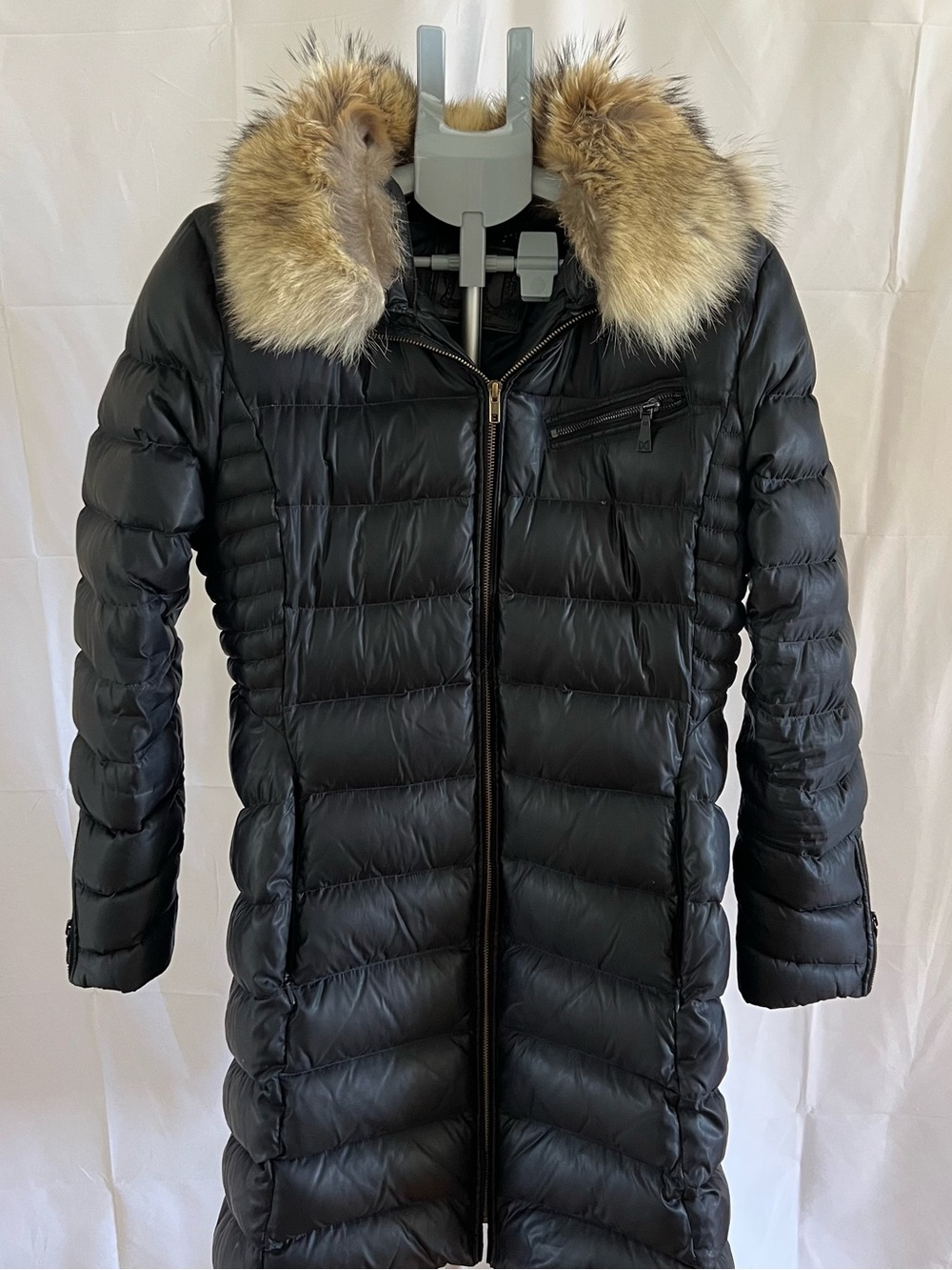 Dawn Levy Black Long Puffer Coat with Fur Trim